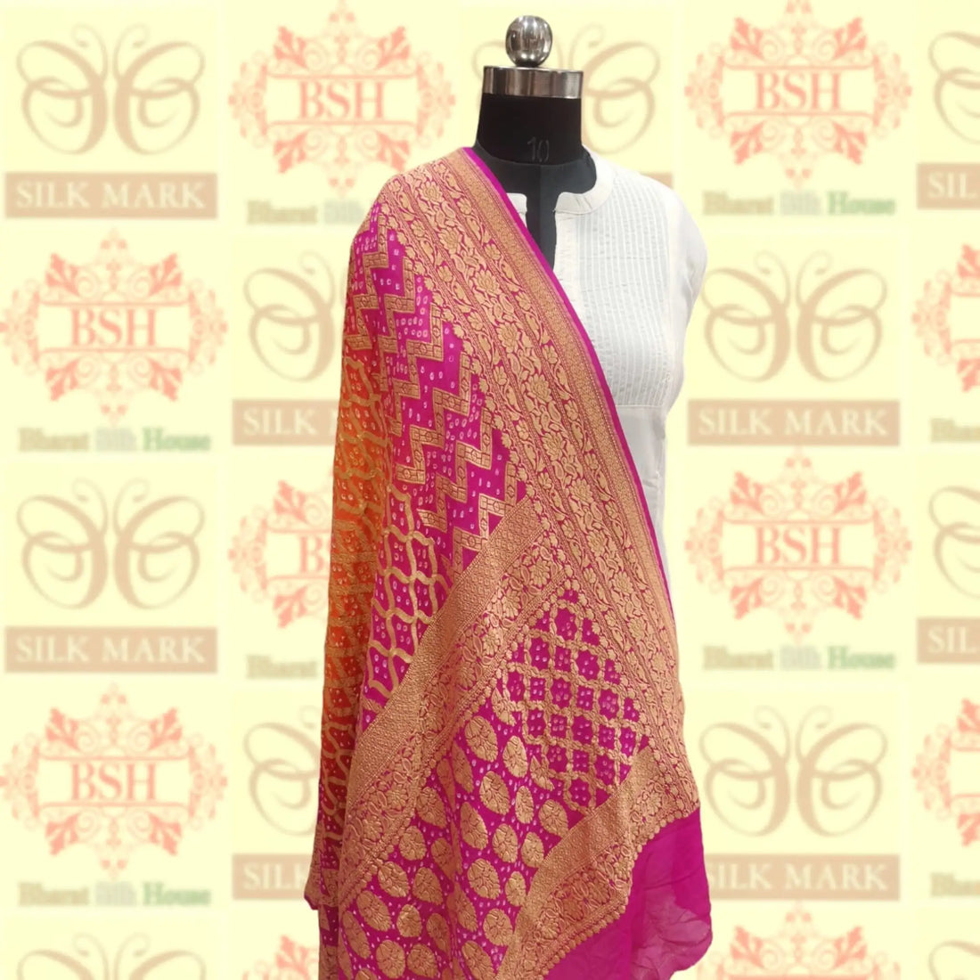 Pink/Orange Pure Georgette Banarasi Handloom Bandhani Dupatta - Bharat Silk House Bandhej
