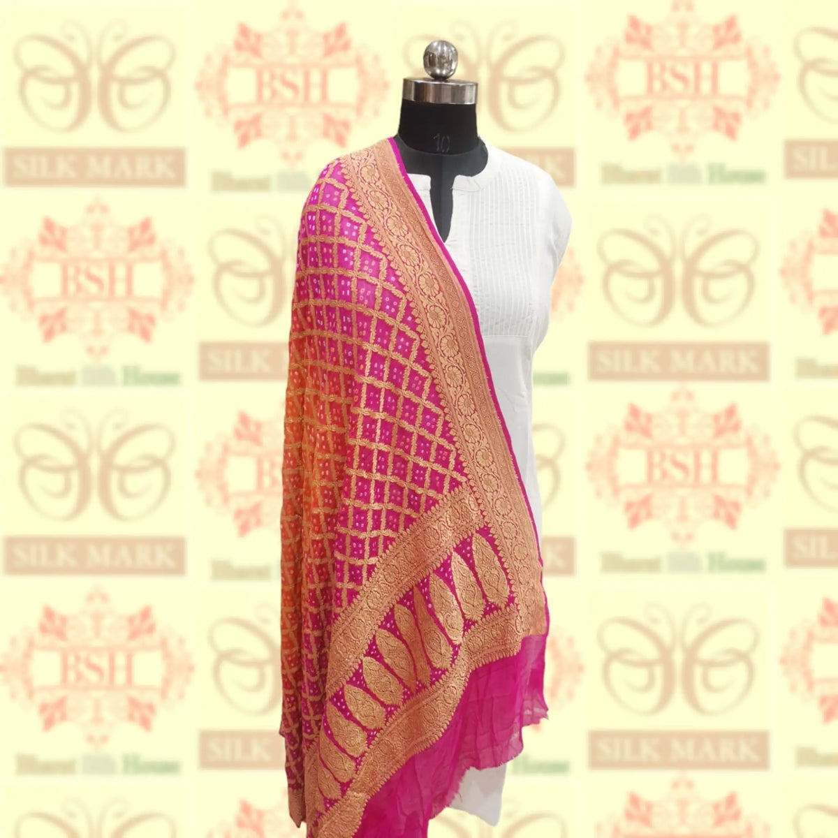 Pink/Orange Pure Georgette Banarasi Handloom Bandhani Dupatta - Bharat Silk House Bandhej