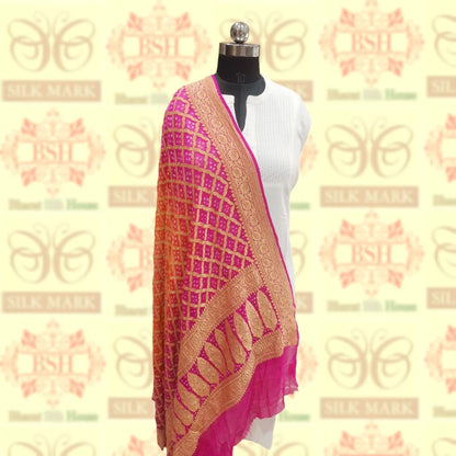 Pink/Orange Pure Georgette Banarasi Handloom Bandhani Dupatta - Bharat Silk House Bandhej