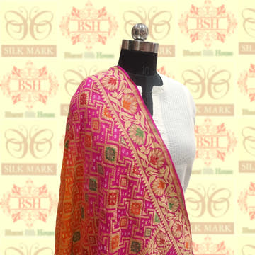 Pink/Orange Pure Georgette Banarasi Handloom Meenakari Bandhani Dupatta - Bharat Silk House Bandhej
