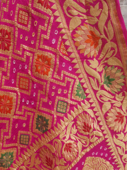 Pink/Orange Pure Georgette Banarasi Handloom Meenakari Bandhani Dupatta - Bharat Silk House Bandhej