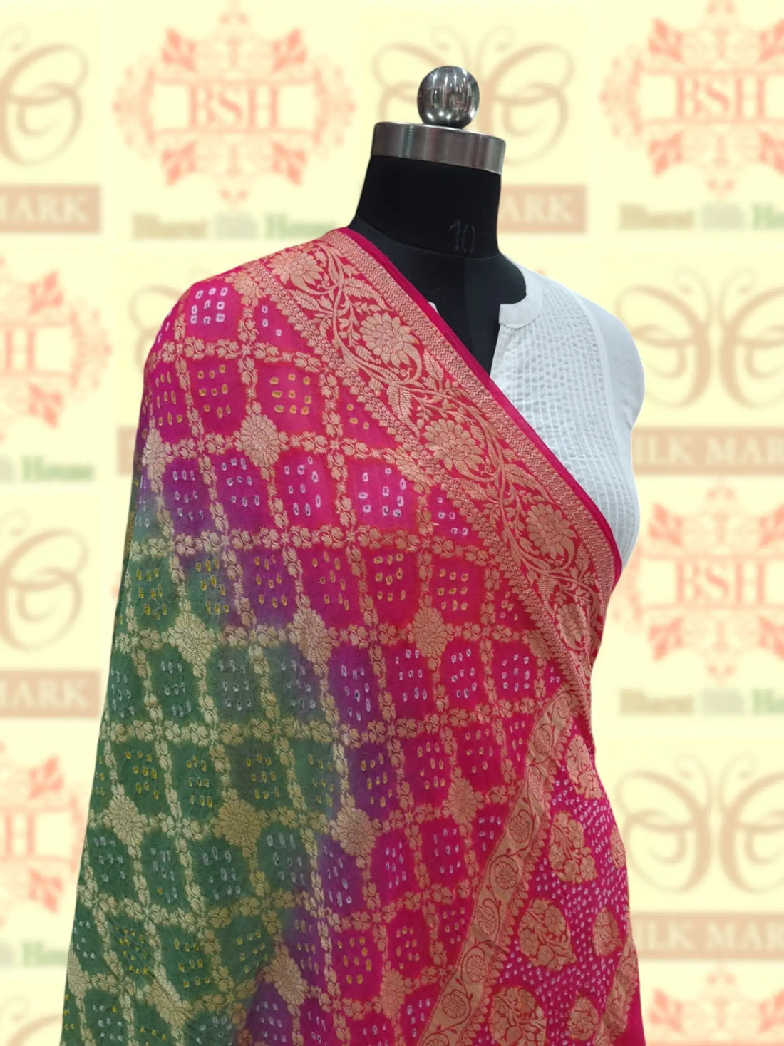 Pink/Pista Green Georgette Banarasi Handloom Bandhani Dupatta - Bharat Silk House Bandhej