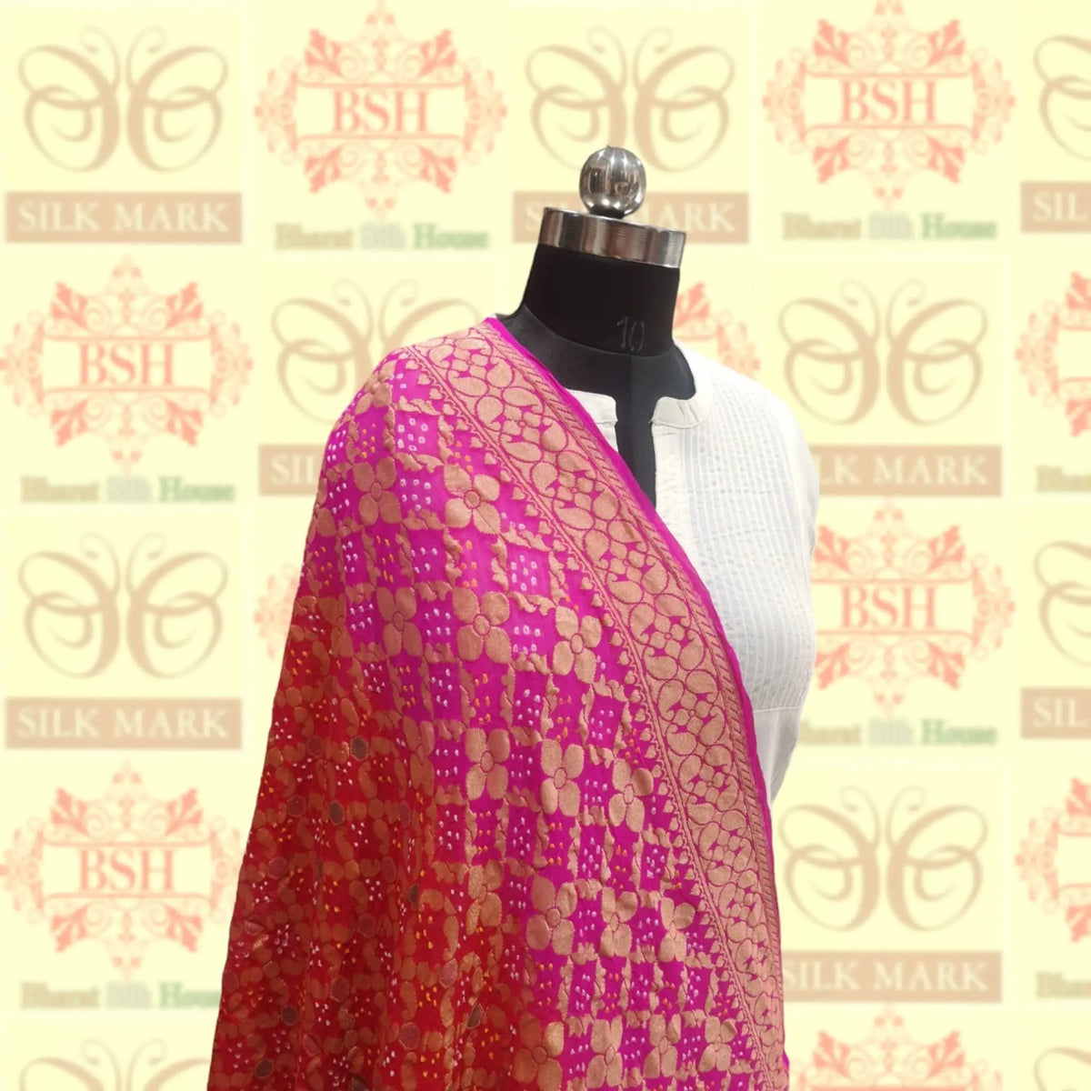 Pink/Red Pure Georgette Banarasi Handloom Meenakari Bandhani Dupatta - Bharat Silk House Bandhej