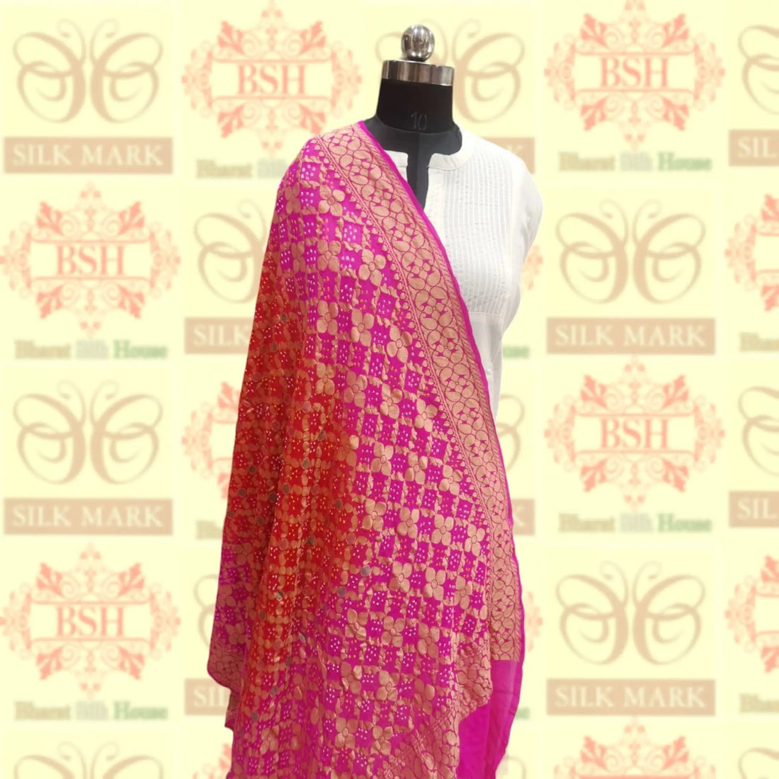 Pink/Red Pure Georgette Banarasi Handloom Meenakari Bandhani Dupatta - Bharat Silk House Bandhej