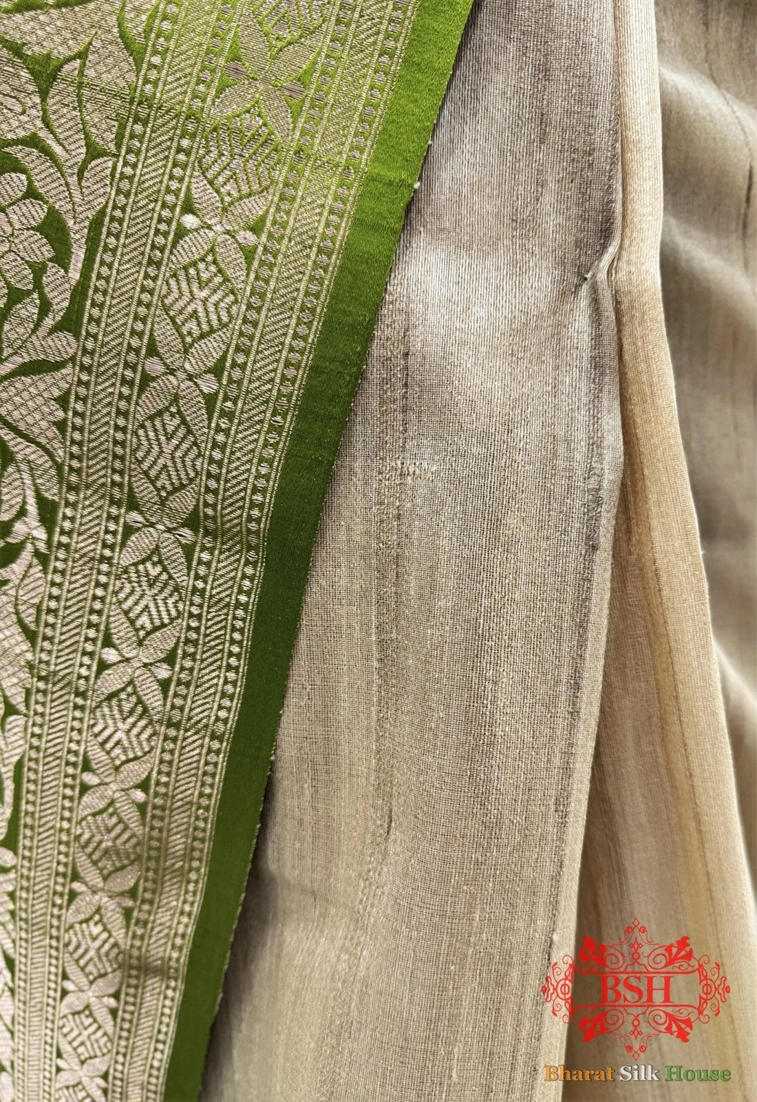 Pista Green Pure Tussar Moonga Silk Handloom Saree With Zari Border - Bharat Silk House Tussar