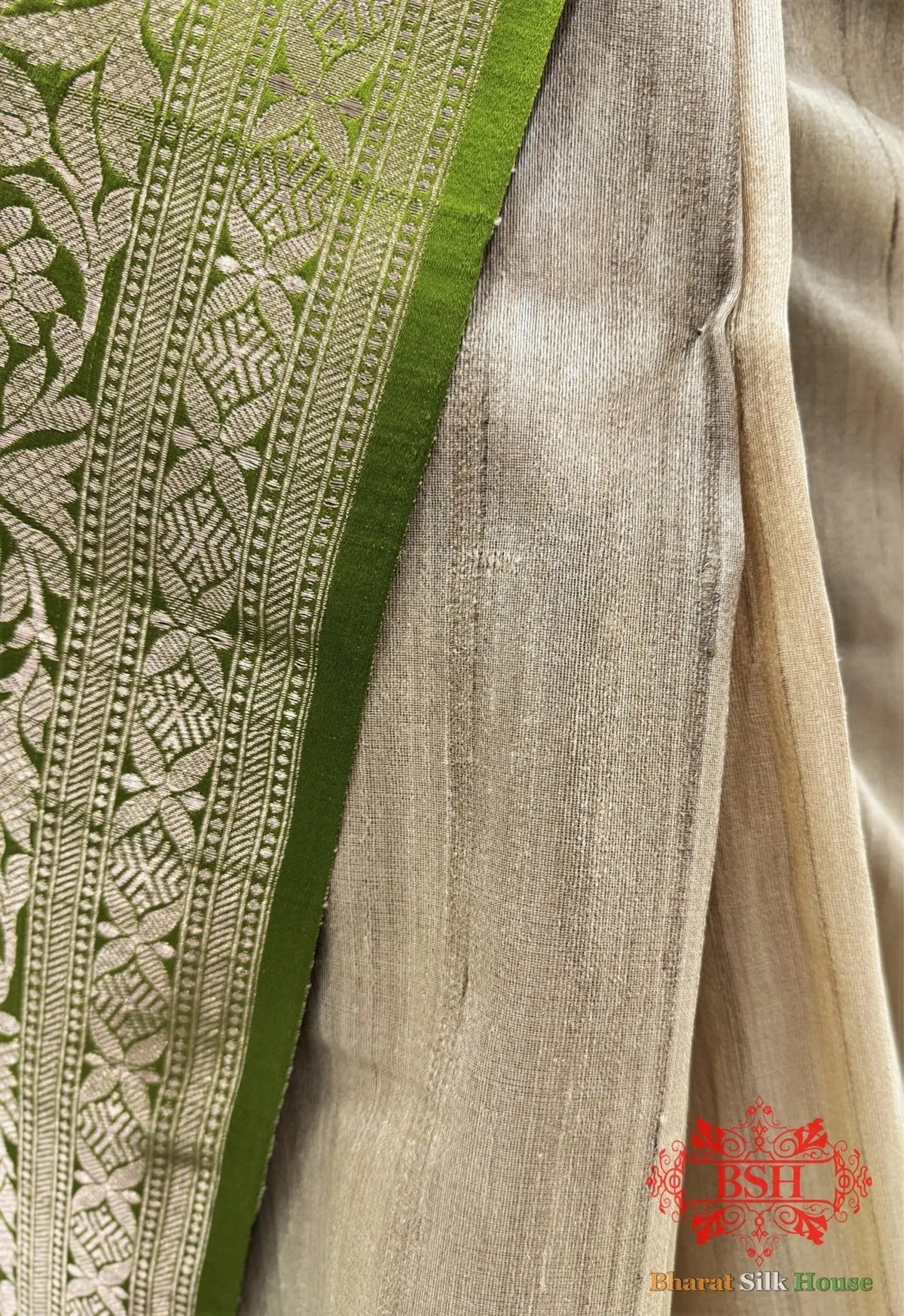 Pista Green Pure Tussar Moonga Silk Handloom Saree With Zari Border - Bharat Silk House Tussar