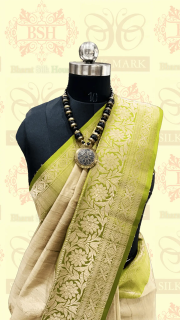 Pista Green Pure Tussar Moonga Silk Handloom Saree With Zari Border - Bharat Silk House Tussar