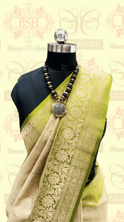 Pista Green Pure Tussar Moonga Silk Handloom Saree With Zari Border - Bharat Silk House Tussar