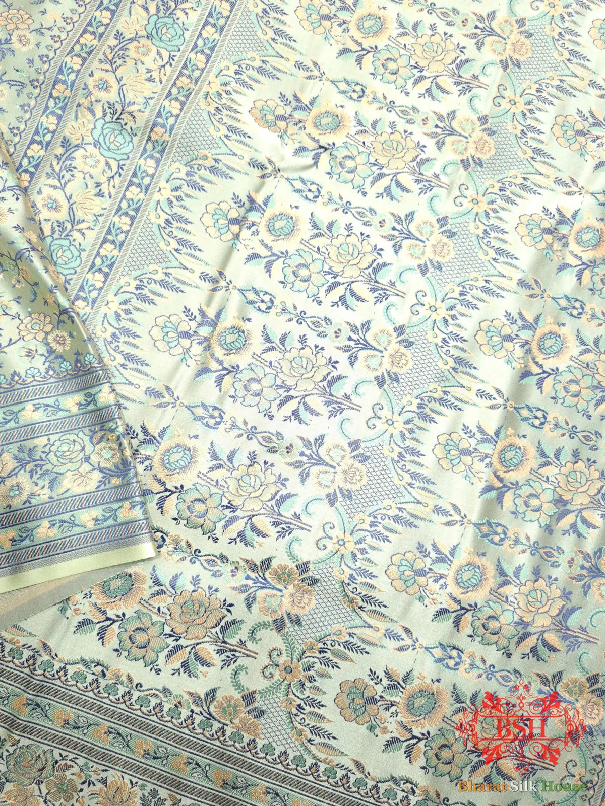 Powder Blue Chauthera (Four Color) Resham Zari Tanchoi Katan Silk Saree - Bharat Silk House Tanchoi katan