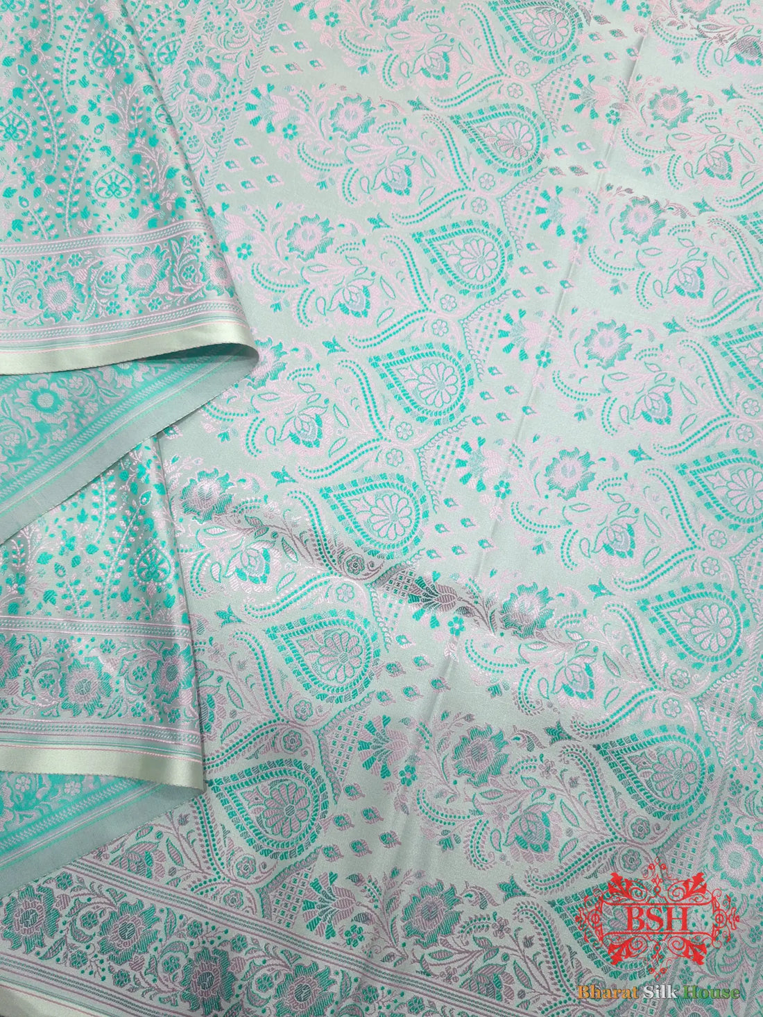 Powder Blue Dohri Resham Booti Tanchoi Silk Saree - Bharat Silk House Tanchoi katan