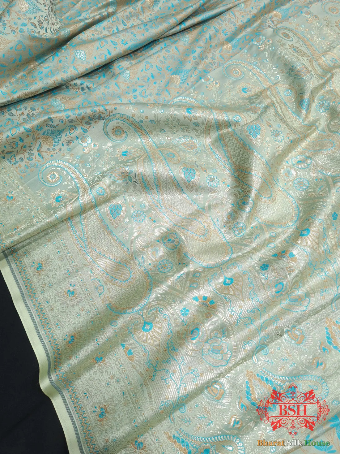 Powder Blue Dohri Resham Zari Booti Tanchoi Silk Saree - Bharat Silk House Tanchoi katan