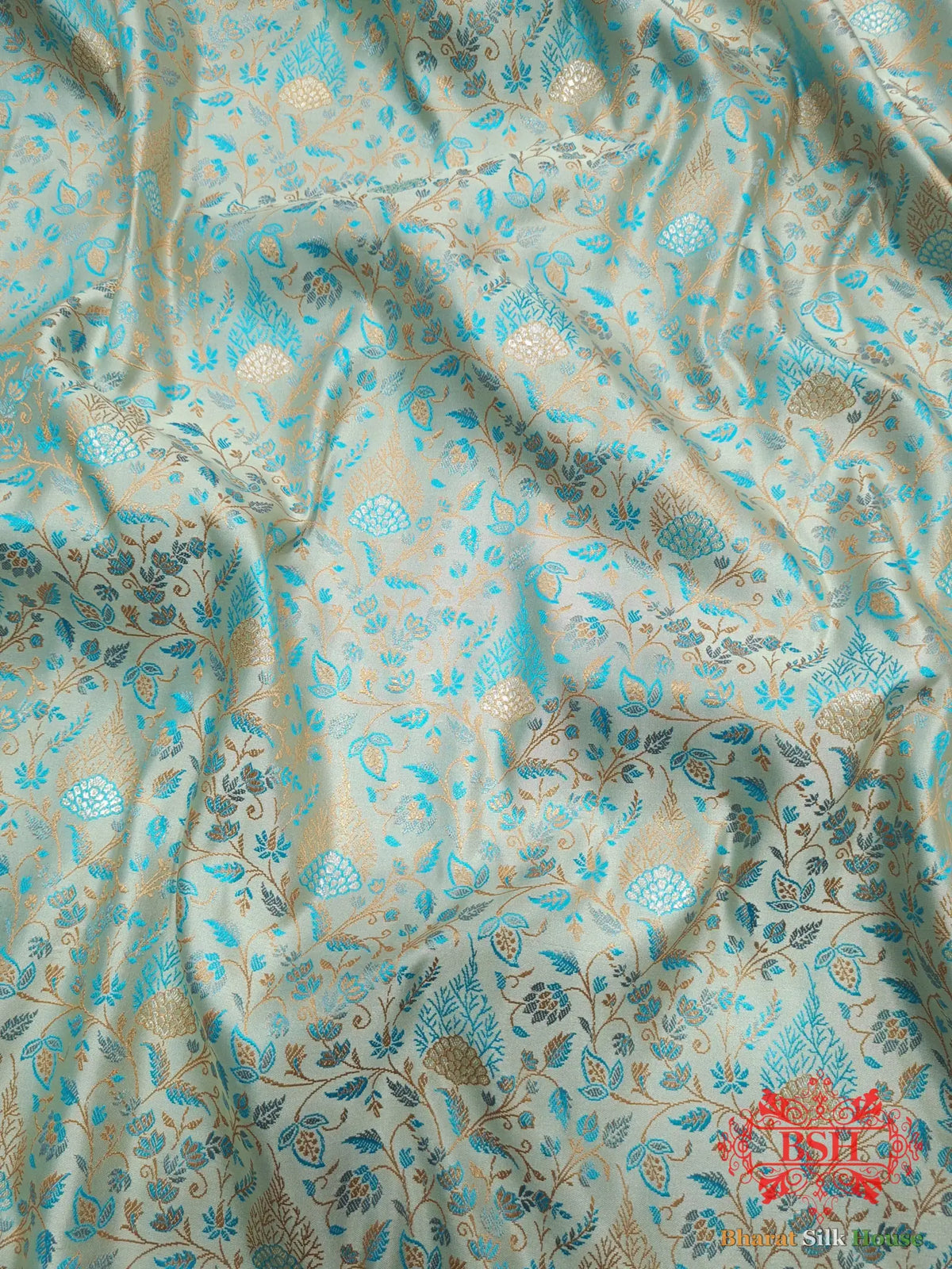 Powder Blue Dohri Resham Zari Booti Tanchoi Silk Saree - Bharat Silk House Tanchoi katan