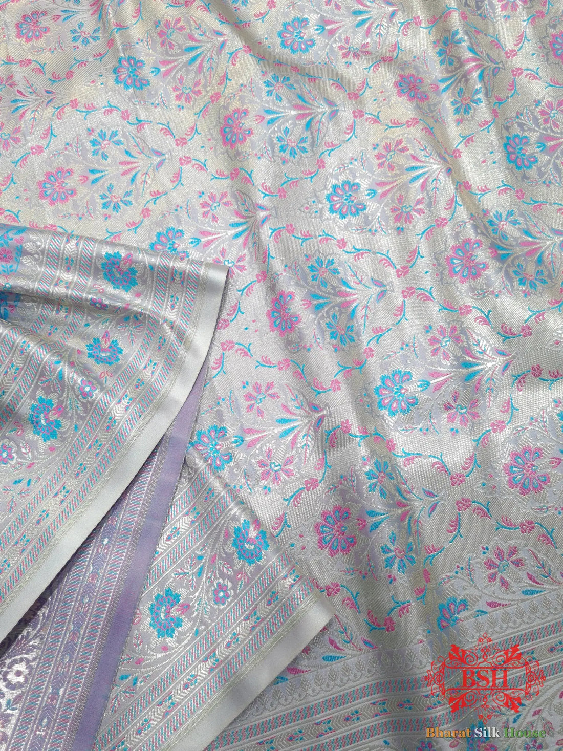 Powder Blue Dohri Resham Zari Booti Tanchoi Silk Saree - Bharat Silk House Tanchoi katan