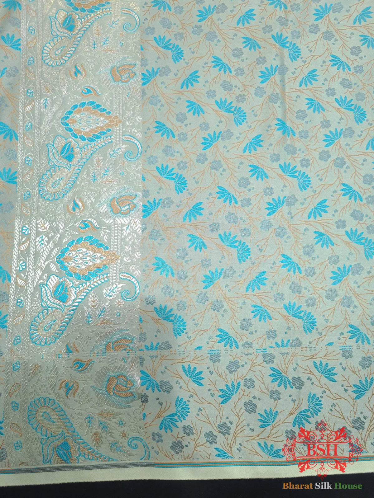 Powder Blue Dohri Resham Zari Booti Tanchoi Silk Saree - Bharat Silk House Tanchoi katan