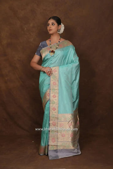 Powder Blue Pure Katan Silk Banarasi Saree - Bharat Silk House Pure Kataan Silk