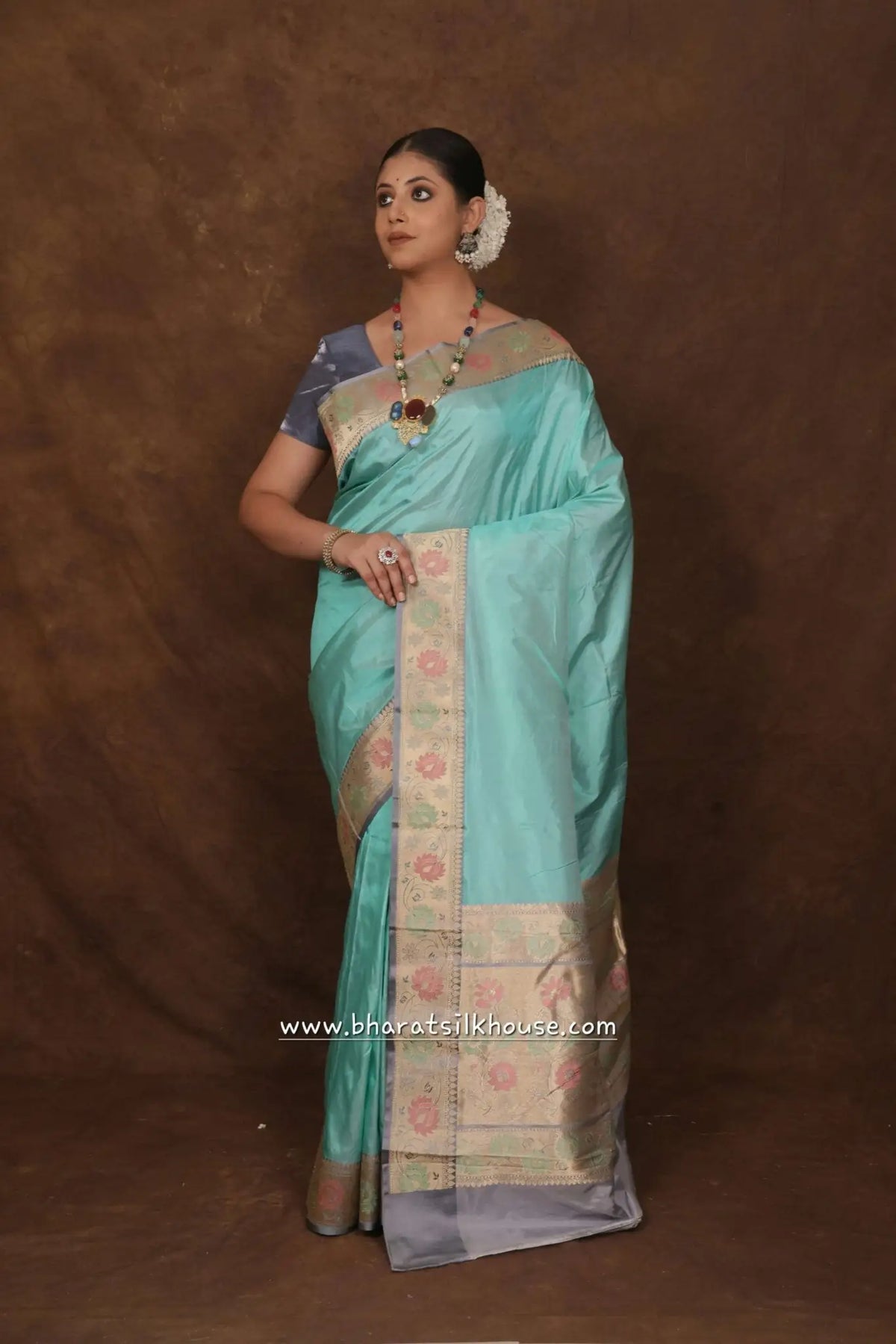 Powder Blue Pure Katan Silk Banarasi Saree - Bharat Silk House Pure Kataan Silk