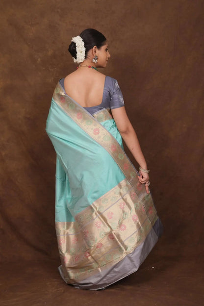 Powder Blue Pure Katan Silk Banarasi Saree - Bharat Silk House Pure Kataan Silk