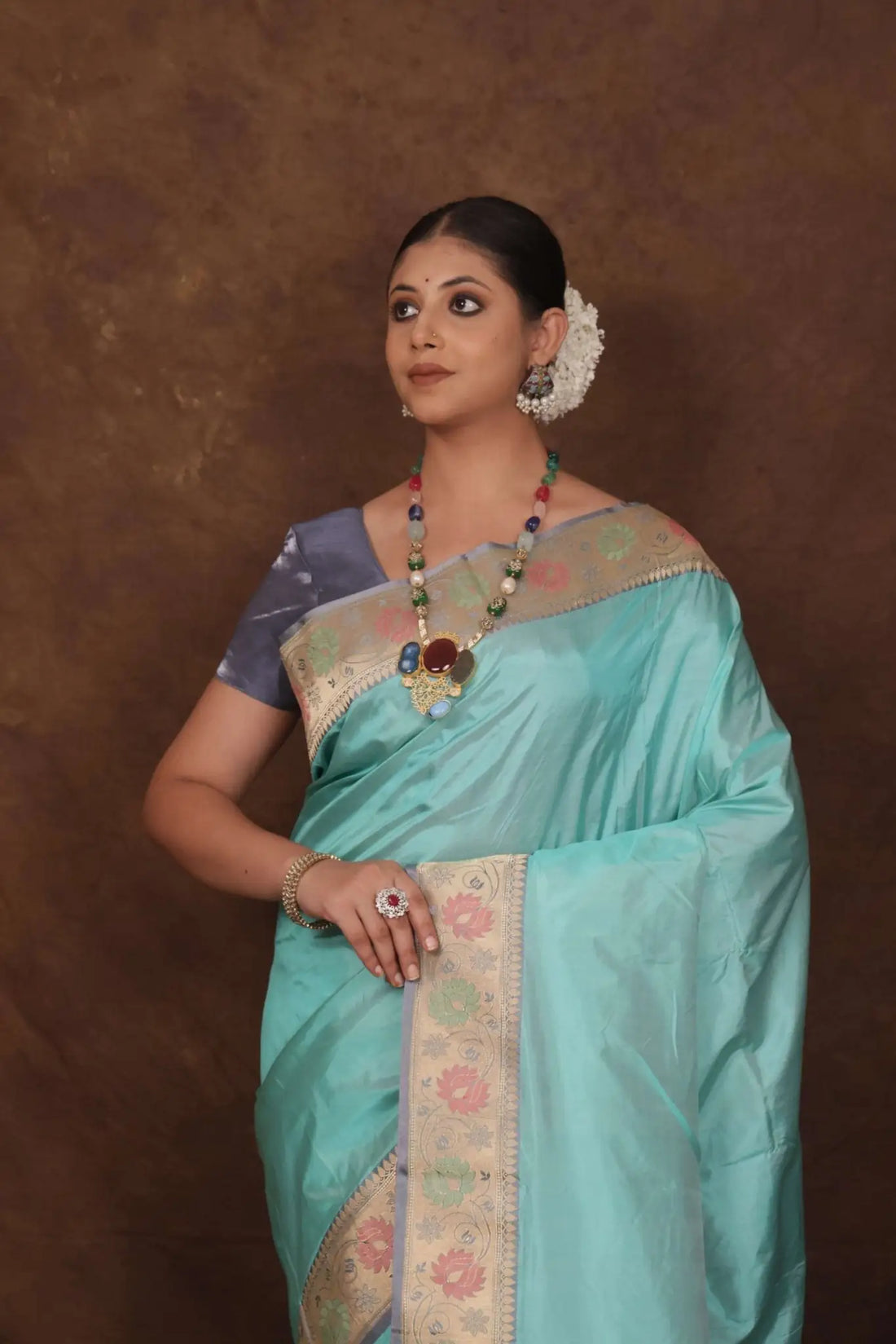 Powder Blue Pure Katan Silk Banarasi Saree - Bharat Silk House Pure Kataan Silk