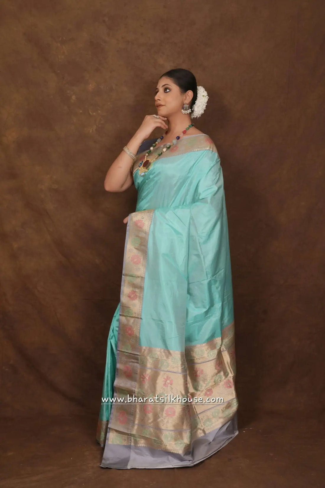 Powder Blue Pure Katan Silk Banarasi Saree - Bharat Silk House Pure Kataan Silk