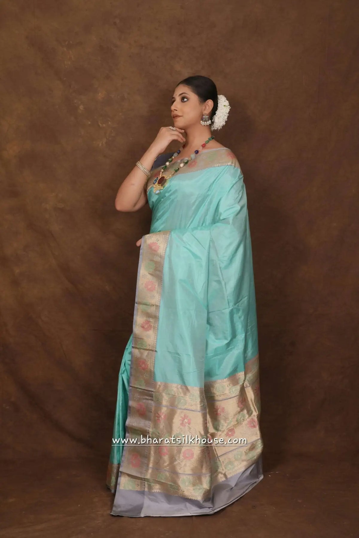 Powder Blue Pure Katan Silk Banarasi Saree - Bharat Silk House Pure Kataan Silk