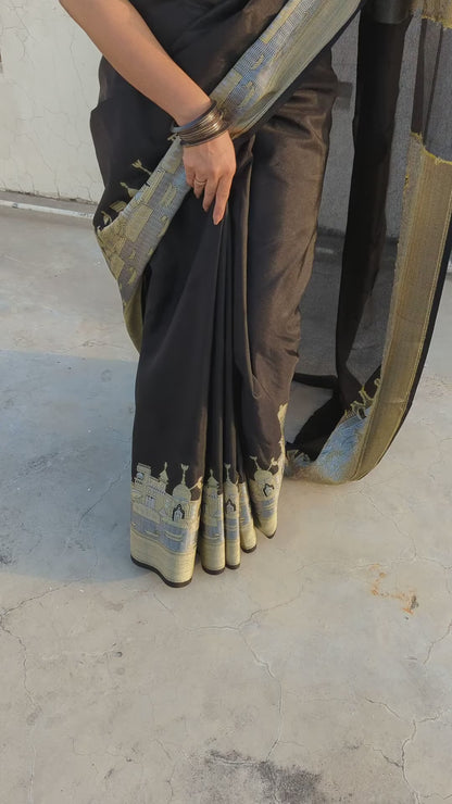 Schwarzes Banaras Ghats gewebtes Seidensari
