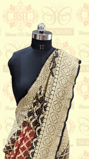 Pure Banarasi Georgette Bandhej Handloom Saree In Dual Shades Of Black/Red - Bharat Silk House Bandhej