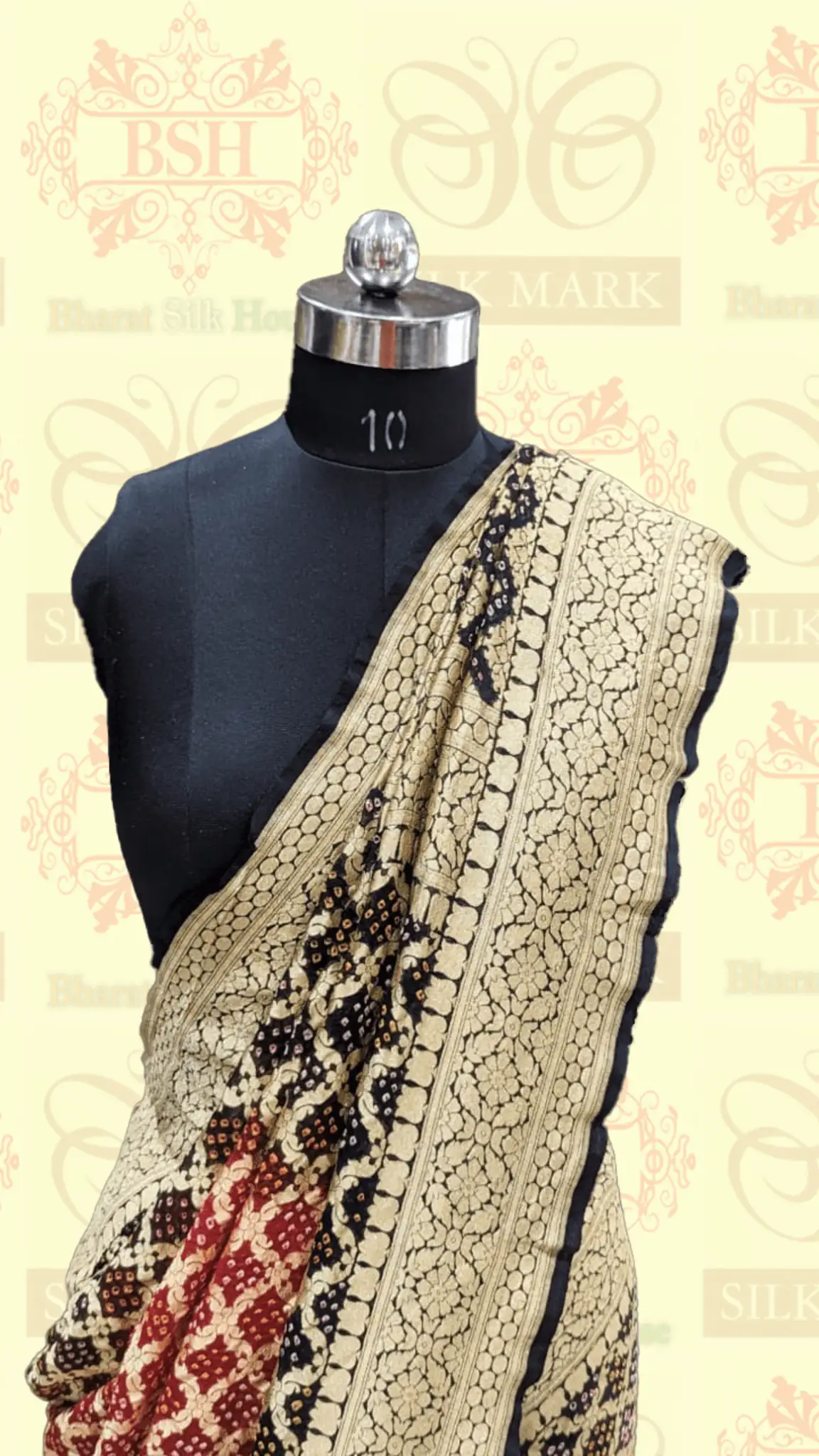 Pure Banarasi Georgette Bandhej Handloom Saree In Dual Shades Of Black/Red - Bharat Silk House Bandhej