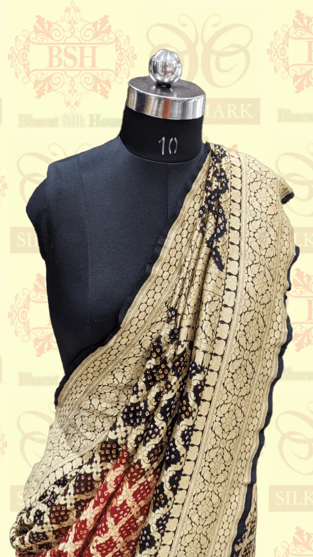 Pure Banarasi Georgette Bandhej Handloom Saree In Dual Shades Of Black/Red - Bharat Silk House Bandhej