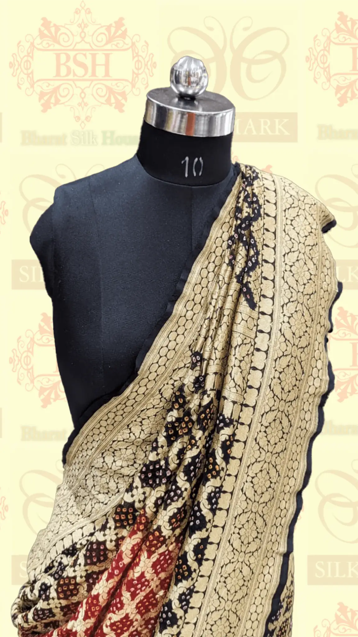 Pure Banarasi Georgette Bandhej Handloom Saree In Dual Shades Of Black/Red - Bharat Silk House Bandhej