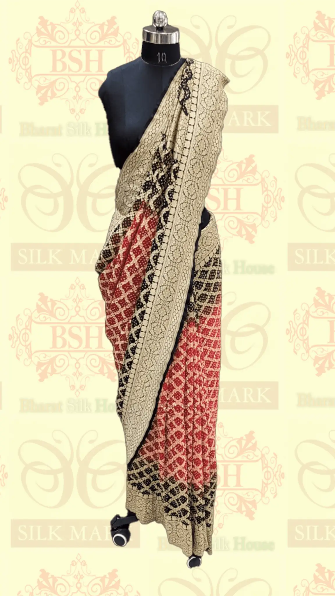 Pure Banarasi Georgette Bandhej Handloom Saree In Dual Shades Of Black/Red - Bharat Silk House Bandhej