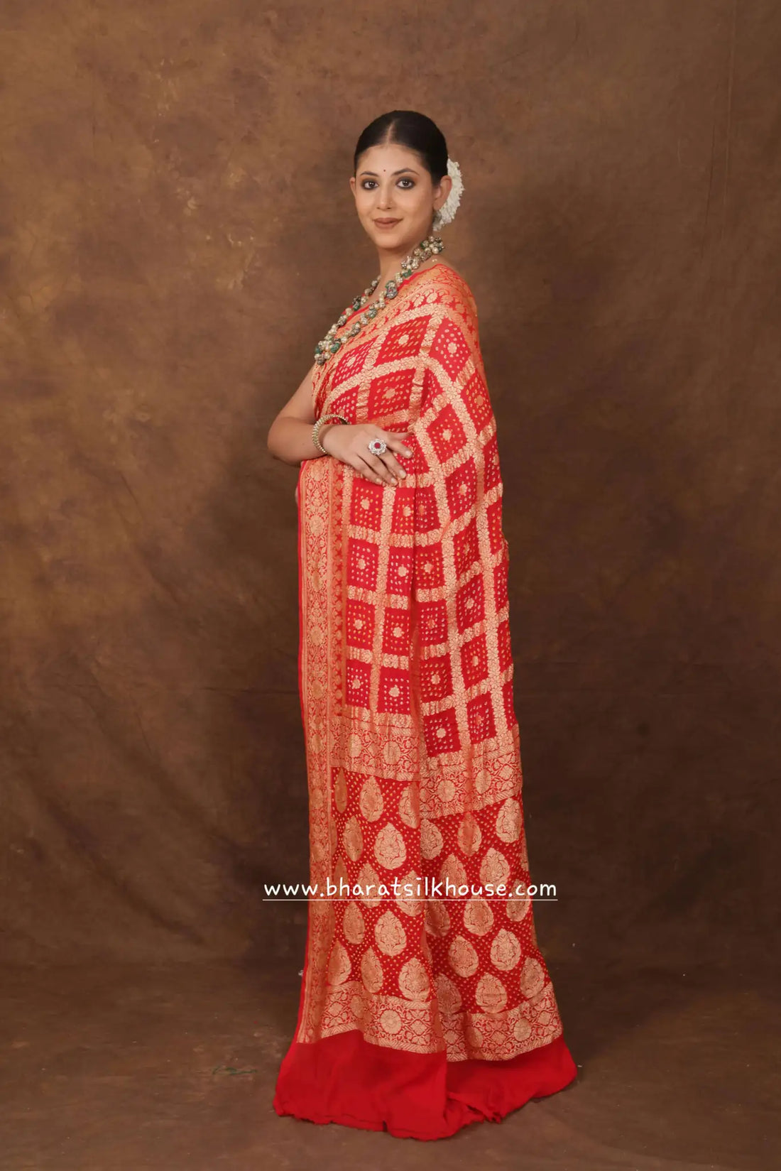 Pure Banarasi Georgette Bandhej Handloom Saree In Shades Of Red - Bharat Silk House Bandhej