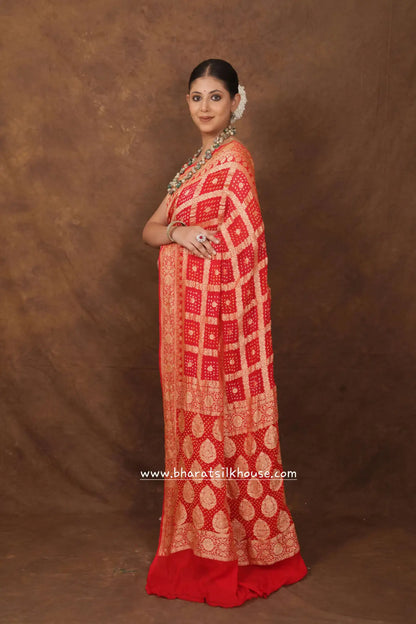 Pure Banarasi Georgette Bandhej Handloom Saree In Shades Of Red - Bharat Silk House Bandhej