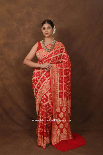 Pure Banarasi Georgette Bandhej Handloom Saree In Shades Of Red - Bharat Silk House Bandhej