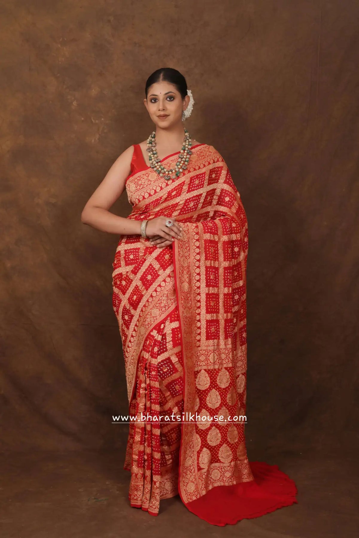 Pure Banarasi Georgette Bandhej Handloom Saree In Shades Of Red - Bharat Silk House Bandhej