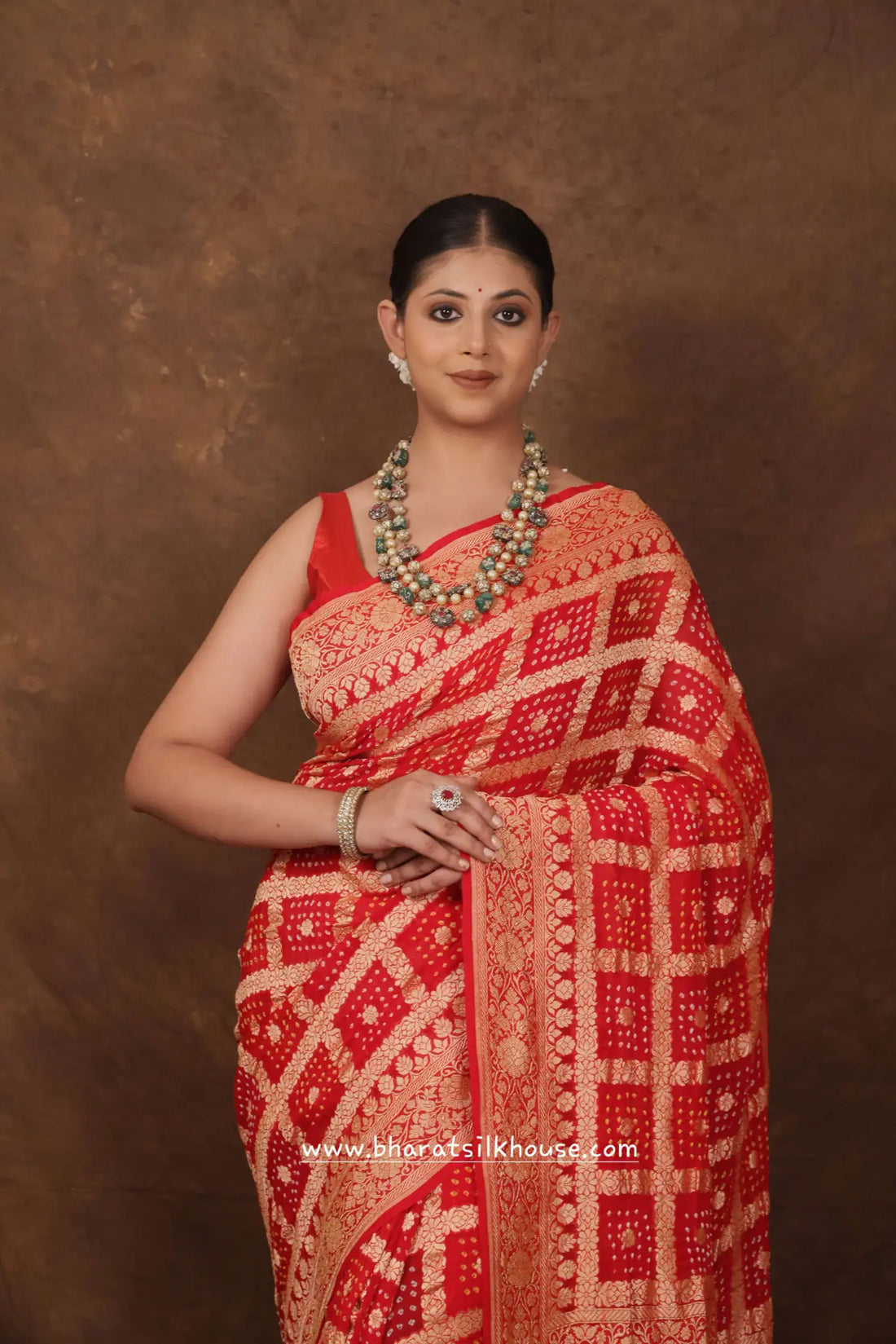Pure Banarasi Georgette Bandhej Handloom Saree In Shades Of Red - Bharat Silk House Bandhej