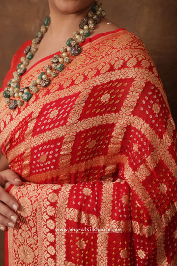 Pure Banarasi Georgette Bandhej Handloom Saree In Shades Of Red - Bharat Silk House Bandhej