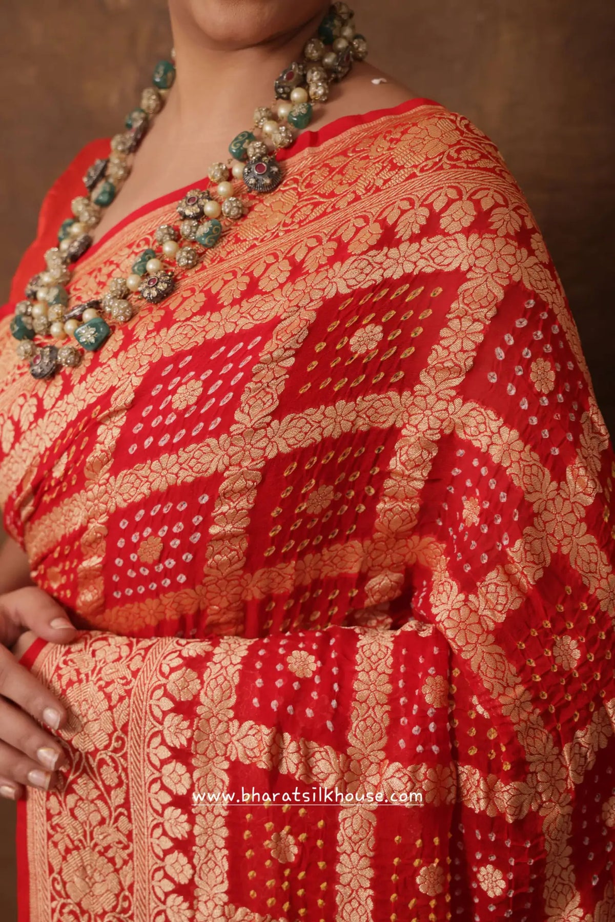Pure Banarasi Georgette Bandhej Handloom Saree In Shades Of Red - Bharat Silk House Bandhej