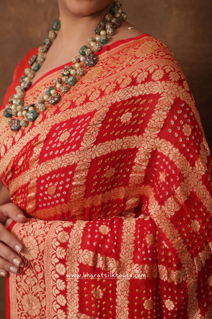 Pure Banarasi Georgette Bandhej Handloom Saree In Shades Of Red - Bharat Silk House Bandhej