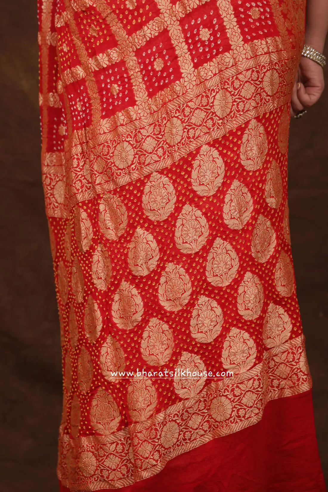 Pure Banarasi Georgette Bandhej Handloom Saree In Shades Of Red - Bharat Silk House Bandhej
