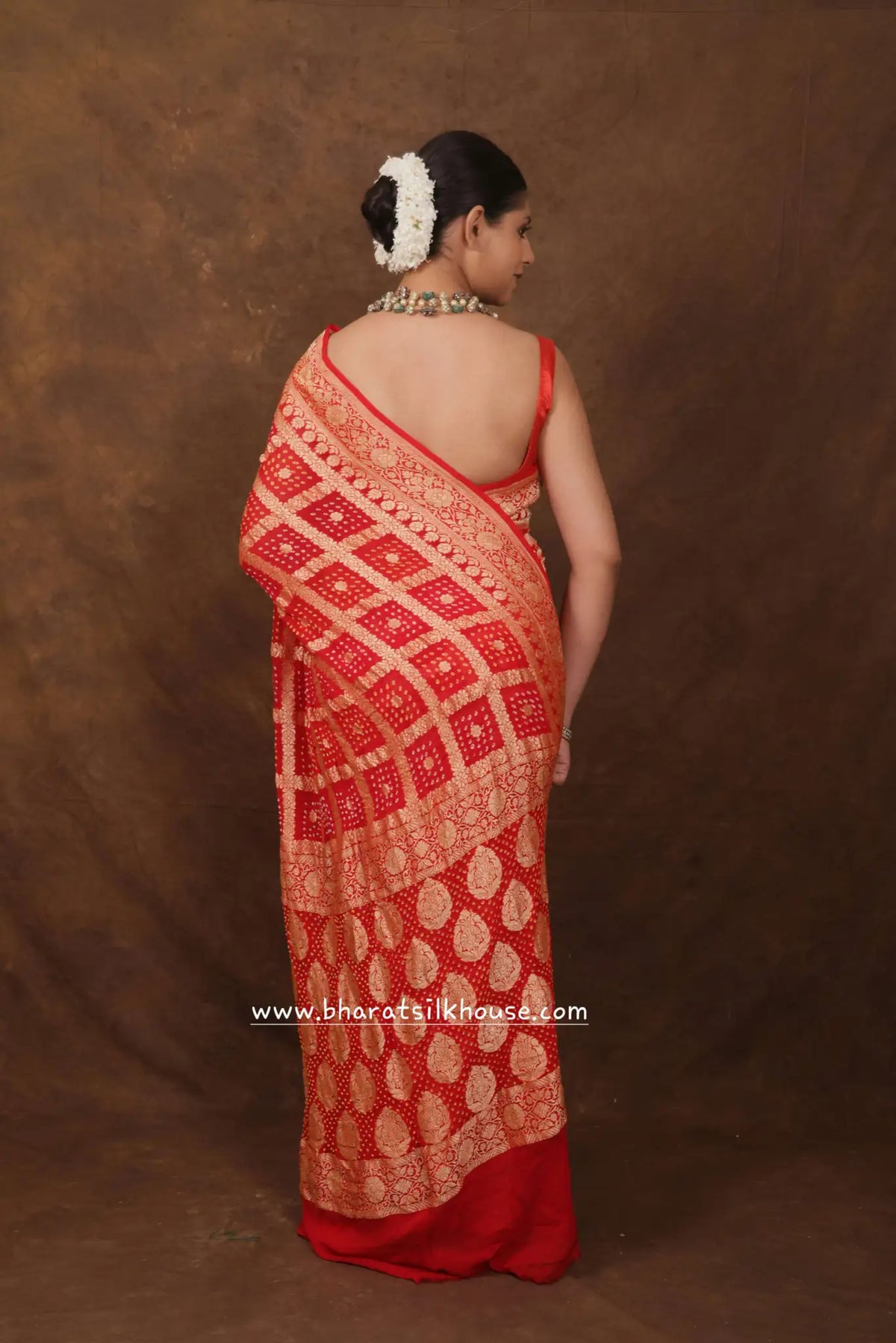 Pure Banarasi Georgette Bandhej Handloom Saree In Shades Of Red - Bharat Silk House Bandhej