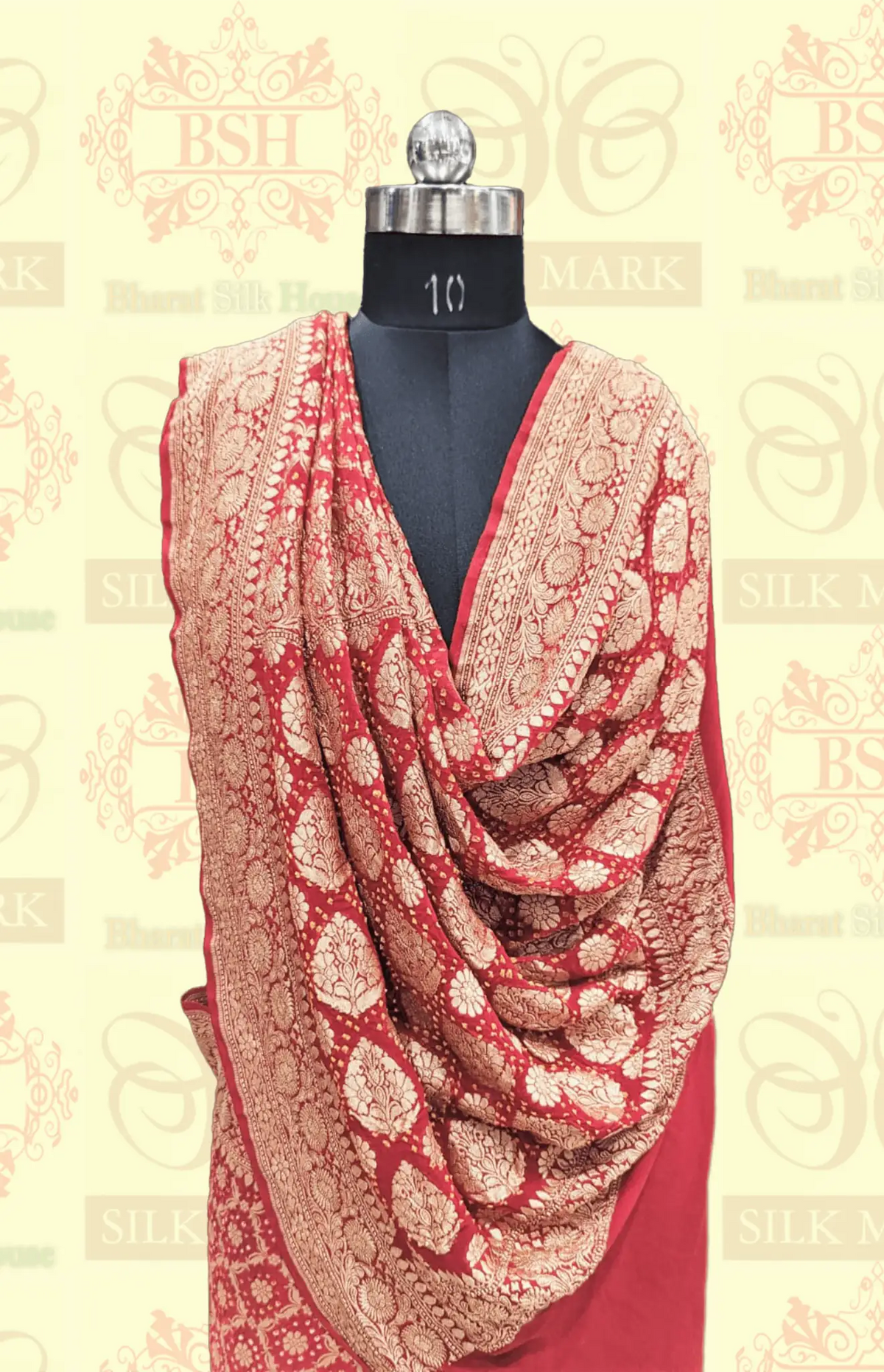 Pure Banarasi Georgette Bandhej Handloom Saree In Shades Of Red/Orange - Bharat Silk House Bandhej