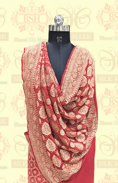 Pure Banarasi Georgette Bandhej Handloom Saree In Shades Of Red/Orange - Bharat Silk House Bandhej