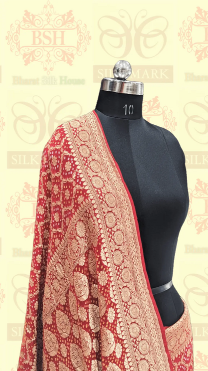 Pure Banarasi Georgette Bandhej Handloom Saree In Shades Of Red/Orange - Bharat Silk House Bandhej