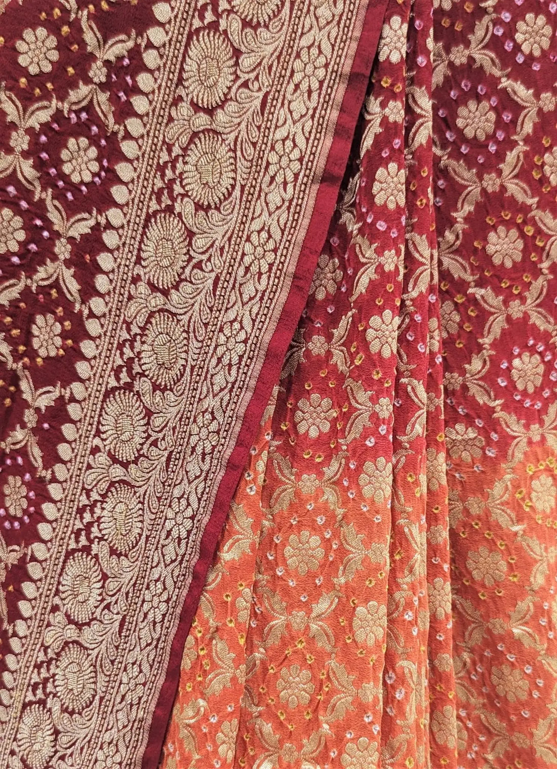 Pure Banarasi Georgette Bandhej Handloom Saree In Shades Of Red/Orange - Bharat Silk House Bandhej