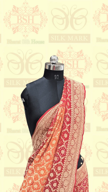 Pure Banarasi Georgette Bandhej Handloom Saree In Shades Of Red/Orange - Bharat Silk House Bandhej
