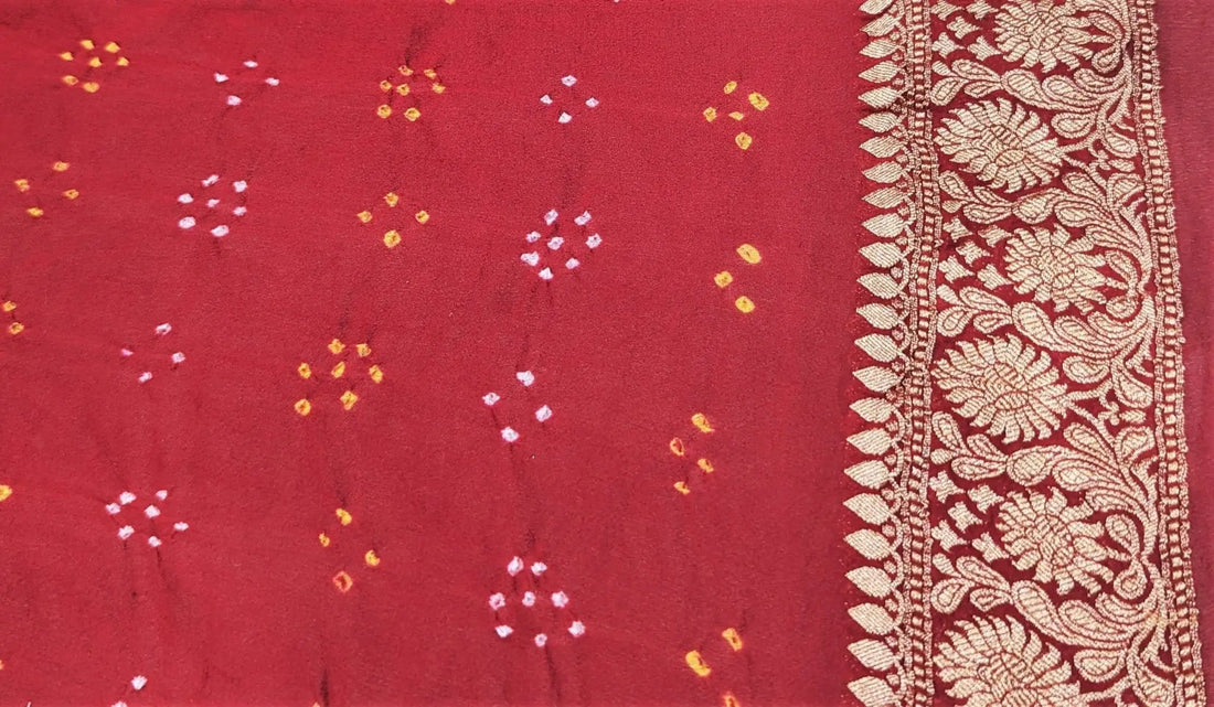 Pure Banarasi Georgette Bandhej Handloom Saree In Shades Of Red/Orange - Bharat Silk House Bandhej