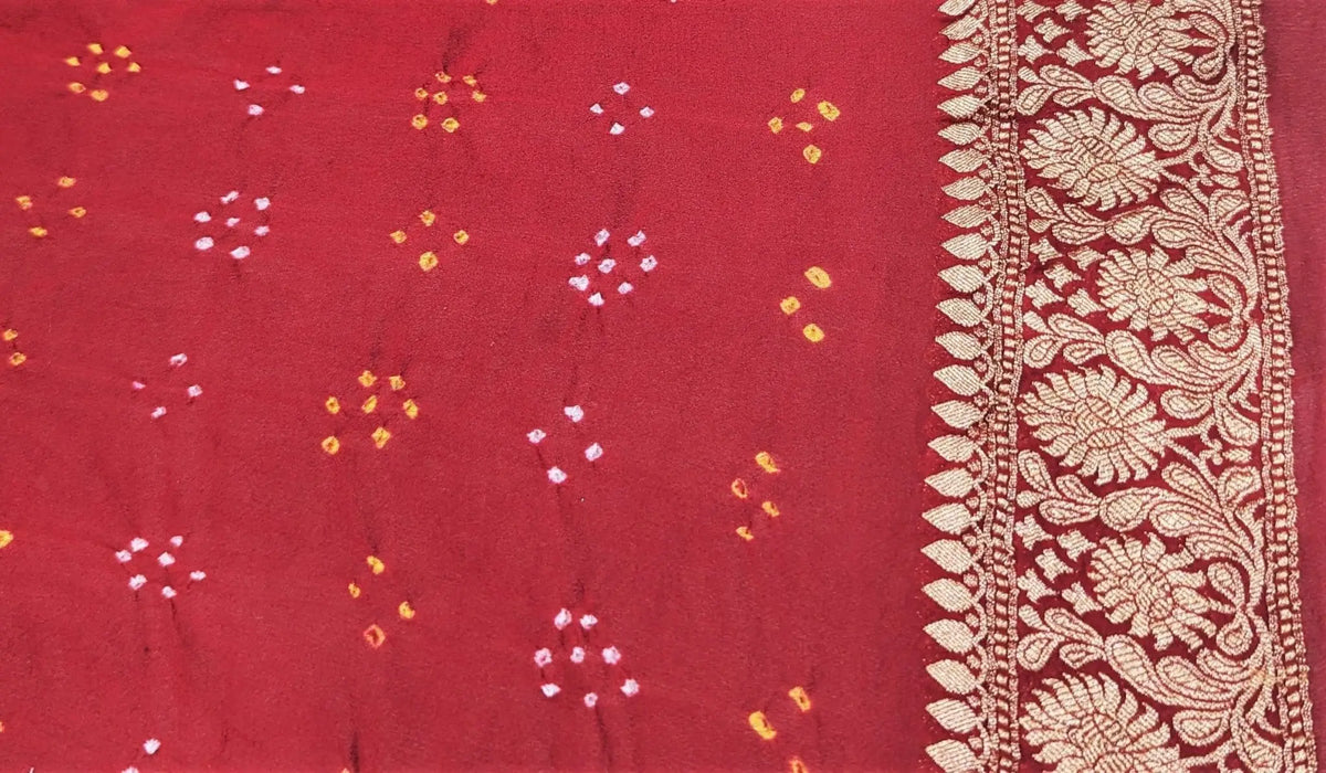 Pure Banarasi Georgette Bandhej Handloom Saree In Shades Of Red/Orange - Bharat Silk House Bandhej