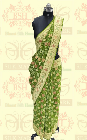 Pure Banarasi Georgette Bandhej Meenakari Handloom Saree In Shades Of Green - Bharat Silk House Bandhej