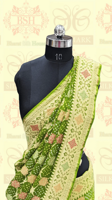 Pure Banarasi Georgette Bandhej Meenakari Handloom Saree In Shades Of Green - Bharat Silk House Bandhej