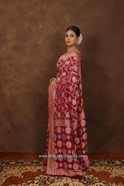 Pure Banarasi Georgette Bandhej Meenakari Handloom Saree In Shades Of Pink - Bharat Silk House Bandhej